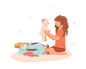 Girl choosing clothes for voyage, preparing toys, clothes for vacation. Child wants to take dog on trip. Traveling with pet. Mess in suitcase. Color vector illustration in flat style