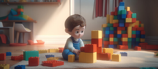 little kid playing with blocks in the playroom, generative AI