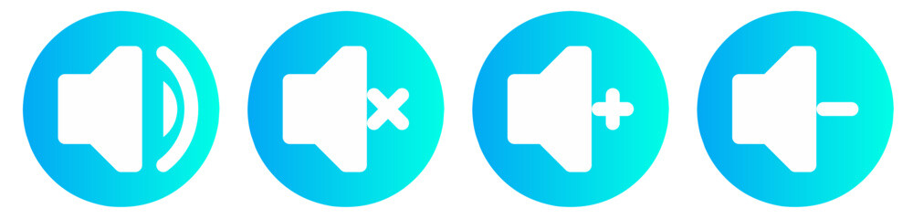 Speaker icon set, set of megaphone, add volume, lower volume and silent icon