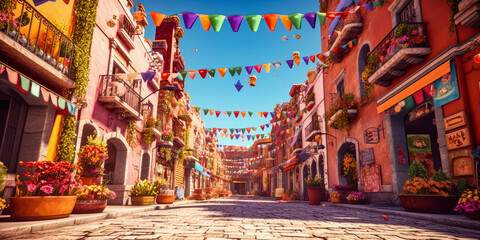 colorful city street with flags flowers and balloons, generative ai