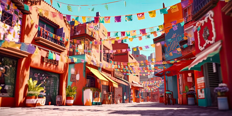 colorful city street with flags flowers and balloons, generative ai - obrazy, fototapety, plakaty