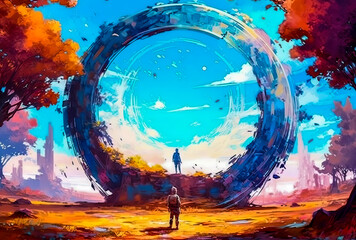 anime scene nature person across the circular portal, generative ai