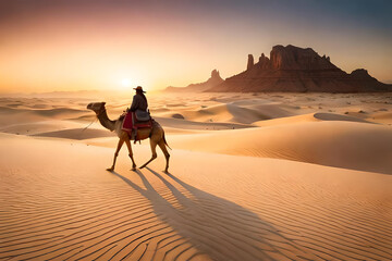 a camel ridden by someone is traveling in the middle of the desert