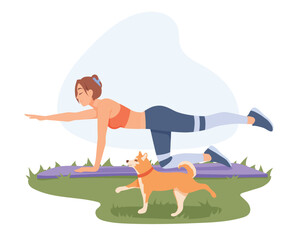 Young athlete doing outdoor workout on yoga mat. Relaxed girl in activewear performing bird dog exercise together with docile pet. Vector illustration