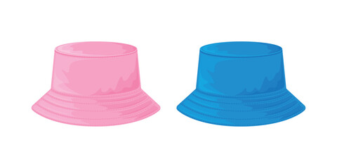 Panama hat. Summer headdress in blue and pink colors. Beach fashion. Vector illustration isolated on a white background. Protection from the sun.