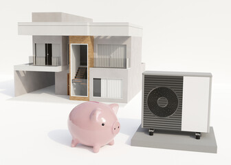 Air heat pump, piggy bank and house on white background. Modern, environmentally friendly heating. Save your money with air source heat pump. Efficient and renewable source of energy. 3d rendering.