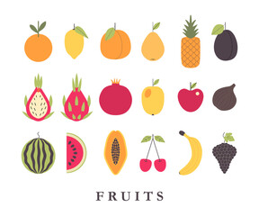 Set of fruits. Healthy vegetarian food. Orange, apple, lemon, pineapple, apple, banana, papaya, pineapple. Exotic fruits isolated on white background.