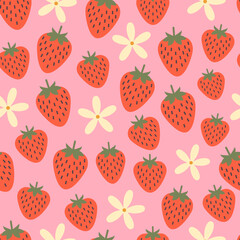 Strawberry seamless pattern. Berries and flowers. Food. Summer time vibes. Background. Digital paper.