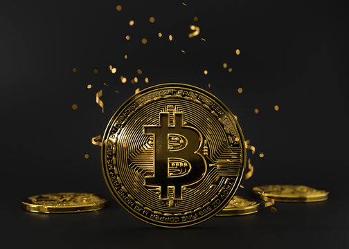Cryptocurrency golden bitcoin coin on black background. Symbol of crypto currency - electronic virtual money for web banking and international network payment. Business, finance, technology. 3D render