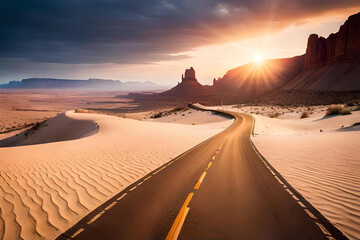 Fototapeta na wymiar sunset in the desert with a large asphalt road that still looks charming