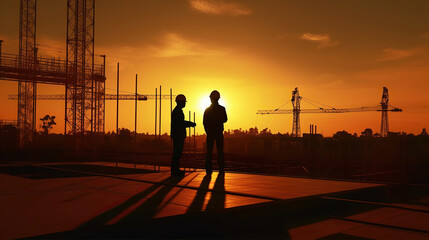 Fototapeta premium Silhouette of Engineer and worker on building site, construction site at sunset in evening time. Generative Ai