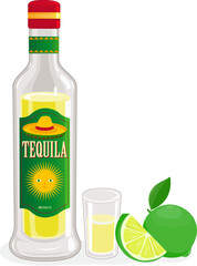 Mexican bottle of tequila, tequila shot and sliced lime. Vector illustration