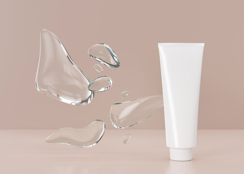 White and blank, unbranded cosmetic cream tube with abstract water forms. Skin care product presentation on beige background. Luxury mockup. Tube with copy space. 3D rendering.