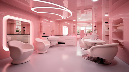 Naklejka na ściany i meble Modern beauty salon with places for makeup artist and hairdresser, big stylish mirrors, pink interior. Generative Ai