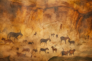 Prehistoric Rock Paintings Of Cavemen Of The Stone Age As A Background Created With The Help Of Artificial Intelligence
