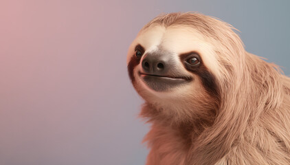 Studio portrait of a sloth in front of lighly colourful background