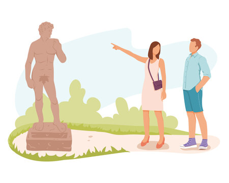 Discovery, exploration abroad. Man and woman examine antique statue. Female character gives history lecture. Voyage impressions. Work of tourist guide in summer. Vector flat illustration