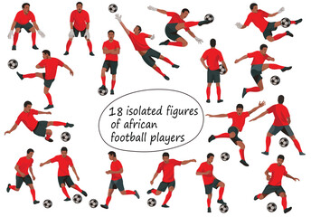Vector isolated figures of african football team players in various poses in red sports equipment