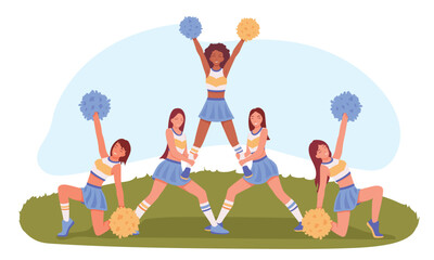 Cheerleading squad showing stunt on football field. Group of smiling happy athletic girls dressed in costumes performing pyramid on grass. Vector illustration