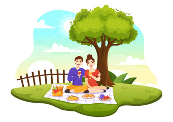 Fototapeta na wymiar Picnic Outdoors Vector Illustration of People Sitting on a Green Grass in Nature on Summer Holiday Vacations in Flat Cartoon Hand Drawn Templates