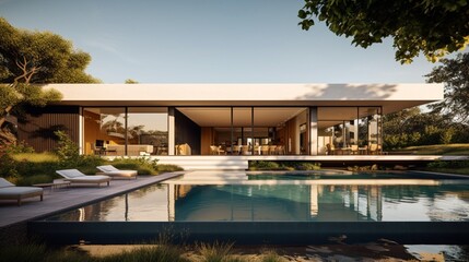 Obraz premium Luxurious Modern Dream Home Showcasing Sleek Minimalist Architecture and Breathtaking Landscape in High-Quality Architectural Photography 