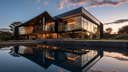 Obraz premium Luxurious Modern Dream Home Showcasing Sleek Minimalist Architecture and Breathtaking Landscape in High-Quality Architectural Photography 