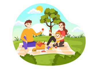 Obraz na płótnie Canvas Picnic Outdoors Vector Illustration of Kids Sitting on a Green Grass in Nature on Summer Holiday Vacations in Cartoon Hand Drawn Templates