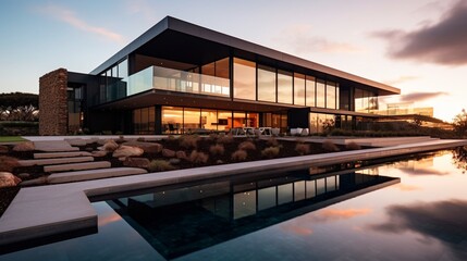 Obraz premium Luxurious Modern Dream Home Showcasing Sleek Minimalist Architecture and Breathtaking Landscape in High-Quality Architectural Photography 