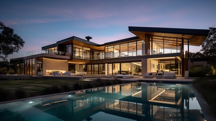 Obraz premium Luxurious Modern Dream Home Showcasing Sleek Minimalist Architecture and Breathtaking Landscape in High-Quality Architectural Photography 