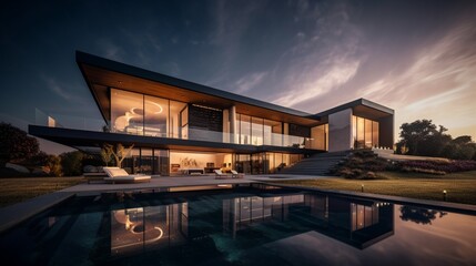 Obraz premium Luxurious Modern Dream Home Showcasing Sleek Minimalist Architecture and Breathtaking Landscape in High-Quality Architectural Photography 