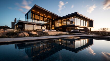 Fototapeta premium Luxurious Modern Dream Home Showcasing Sleek Minimalist Architecture and Breathtaking Landscape in High-Quality Architectural Photography 