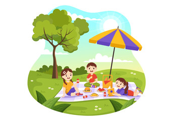 Fototapeta na wymiar Picnic Outdoors Vector Illustration of Kids Sitting on a Green Grass in Nature on Summer Holiday Vacations in Cartoon Hand Drawn Templates