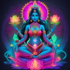 Hindu goddess with lotus in Neon color
