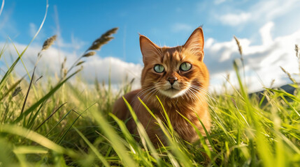 Purebred somali cat in the grass outside. Generative Ai - obrazy, fototapety, plakaty