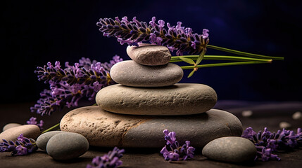 Obraz na płótnie Canvas Spa still life with stack of stones and lavenders. Generative Ai