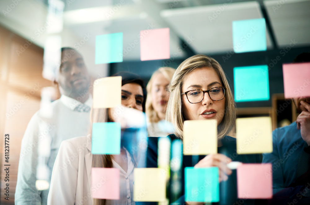 Wall mural Manager, sticky note and brainstorming with team on glass for schedule, calendar and planning goals, agenda and timeline. Woman, mentor and collaboration of ideas at window for feedback in office