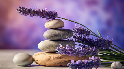 Obraz na płótnie Canvas Spa still life with stack of stones and lavenders. Generative Ai