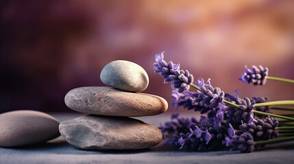 Fototapeta na wymiar Spa still life with stack of stones and lavenders. Generative Ai