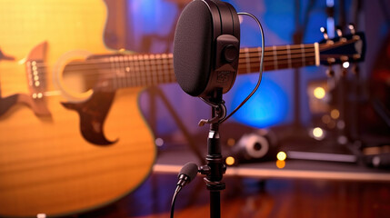 Naklejka premium microphone with headphones and a guitar in the background. Generative Ai