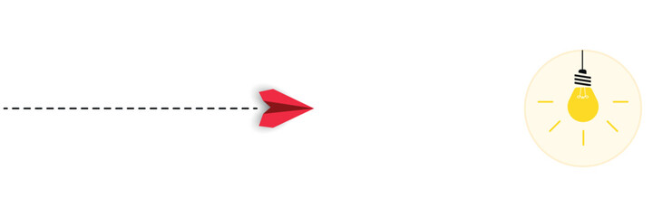 Red paper airplane flying to the burning light bulb. new business, success idea concepts.