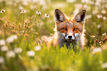 Red fox in a meadow covered with flowers. AI generated. Generative AI