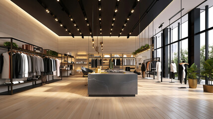 luxury and fashionable brand new interior of cloth store. Generative Ai - obrazy, fototapety, plakaty
