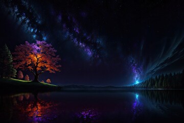 Obraz na płótnie Canvas Magisches Wasserspiel: Wenn der Nachthimmel mit den funkelnden Sternen des weiten Universums auf der Wasseroberfläche glänzt - Generative AI