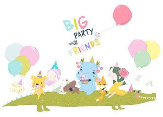 Obraz na płótnie Canvas Birthday Anniversary Party with Cute Animals and Kids