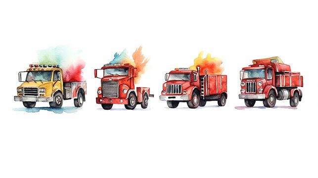 vintage fire trucks watercolor on white background. generative ai