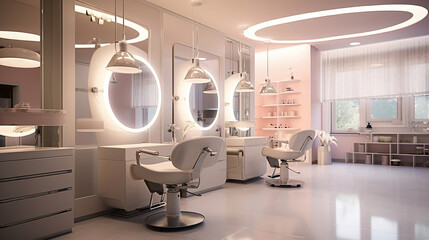 Modern beauty salon with places for makeup artist and hairdresser, big stylish mirrors, pink interior. Generative Ai - obrazy, fototapety, plakaty