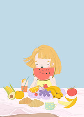 Happy Girl eating Watermelon. Summer fFresh Food, Vitamin Product