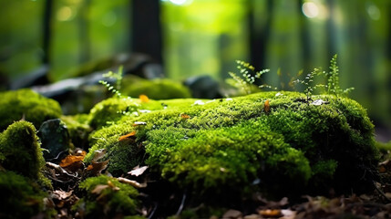 Selective focus of a clump of green moss covering a rock in the forest. Generative Ai