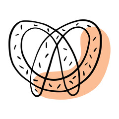 Doodle Butter pretzel. Baking for tea. Vector hand drawn doodle illustration. Black and white outline. Coloring for children.