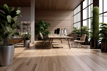 Fototapeta premium an office with wood desks and glass walls, in the style of high detailed, grey academia, wood, photo-realistic landscapes, vintage minimalism, light silver and light brown